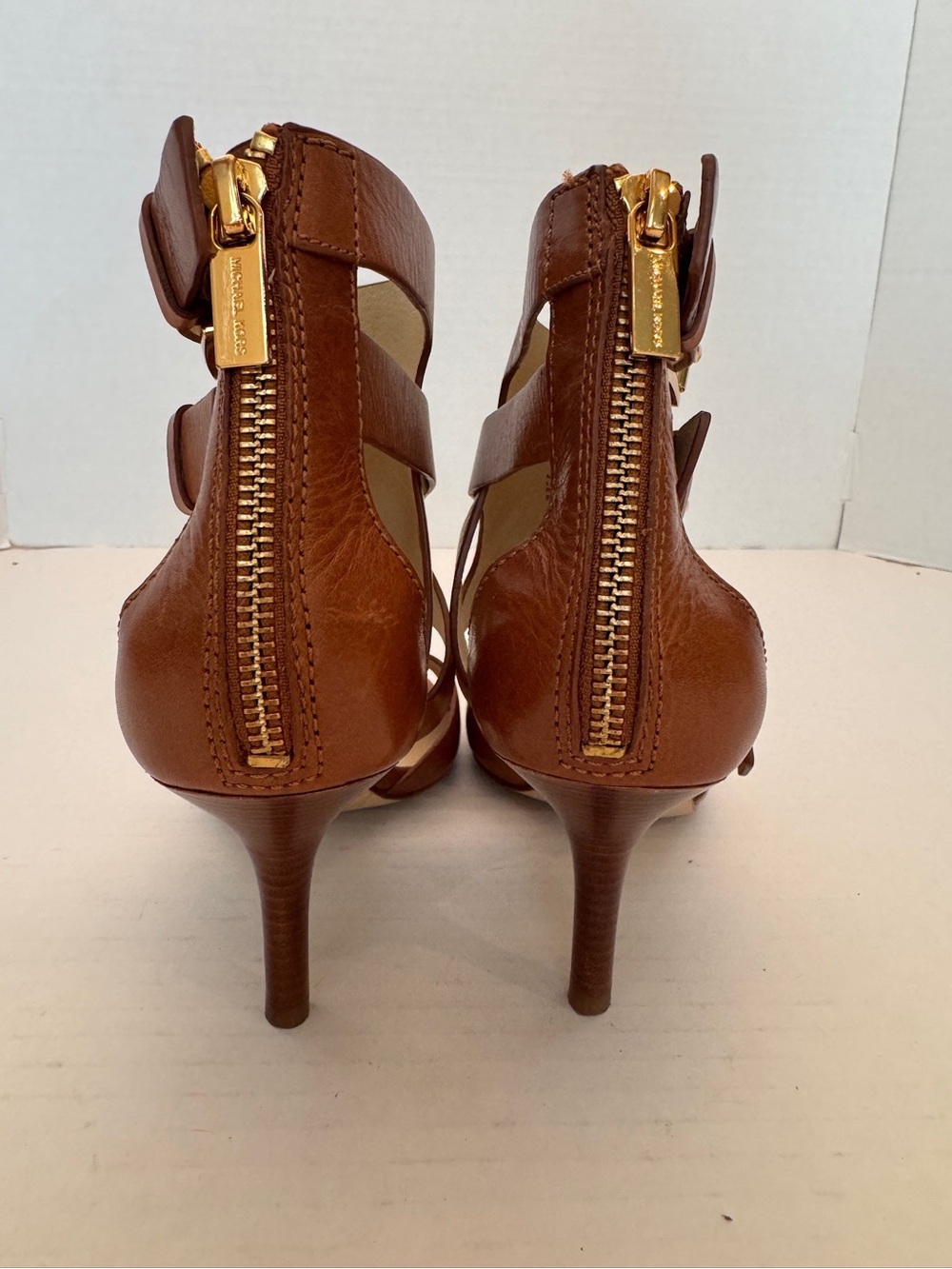 Michael Michael Kors Lucinda Brown Leather Strap Heels 8.5 M Sandals Gold Buckle - Picture 5 of 11